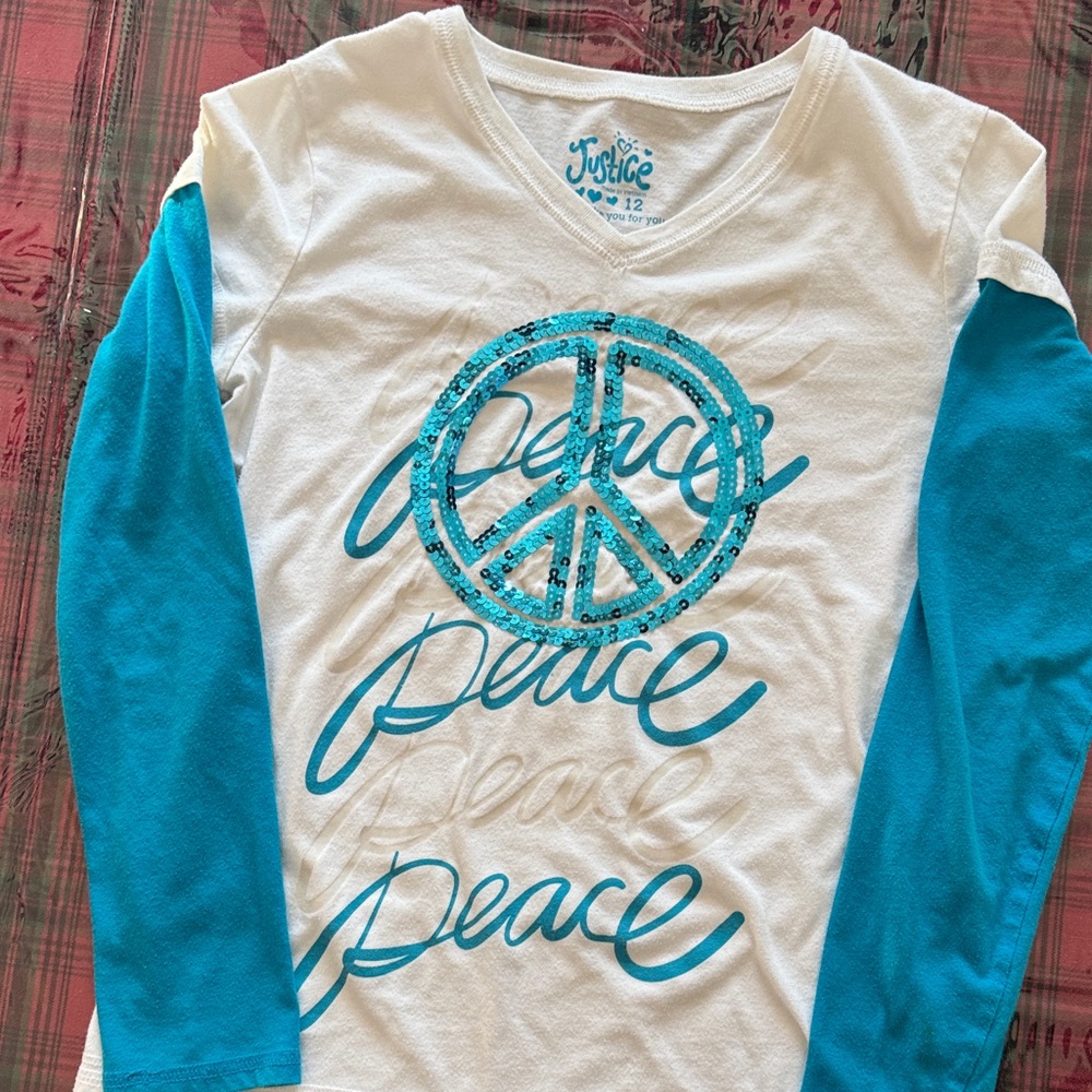 Justice Kids Long Sleeve Peace Shirt - White and Teal . Two tiny dots on bottom